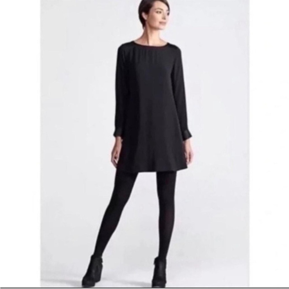 Eileen Fisher 100% Silk Black Crepe Georgette Long Sleeve Dress Size Medium